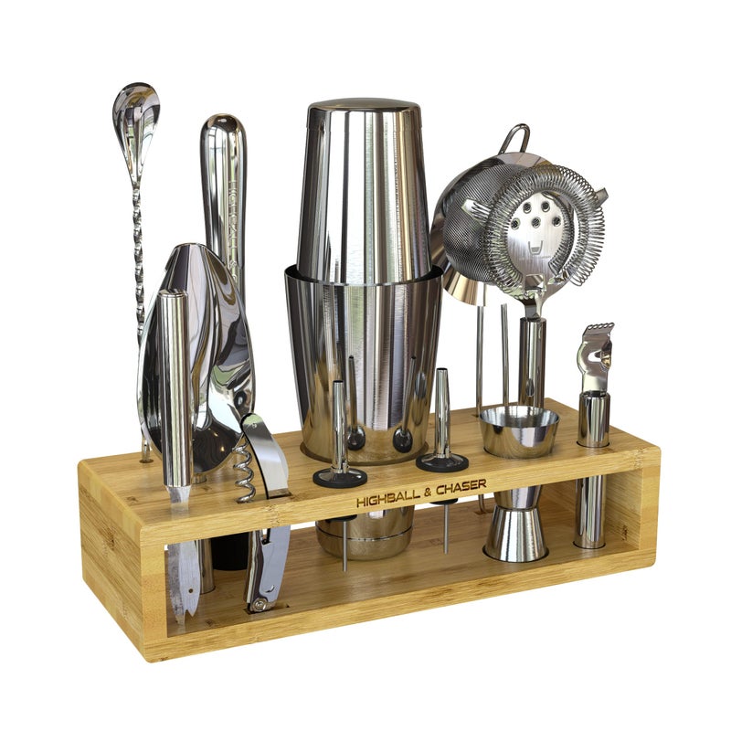 Highball  Chaser Highball & Chaser 13-Piece Boston Cocktail Shaker Set Stainless Steel Mixology Bartender Kit With Stand For Home Bar Cocktail Set | Laser Engraved Cocktail Tools | Plus E-Book with 30 Cocktail Recipes - Image 1